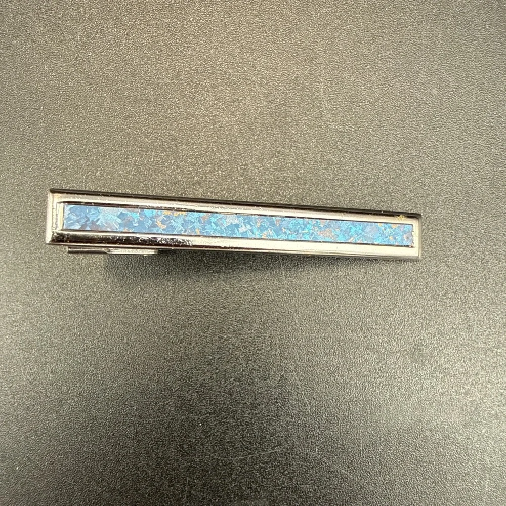Vintage Kobelco Tie Clip Bar Silver Tone Alligator Clasp Blue Inlay Promotional